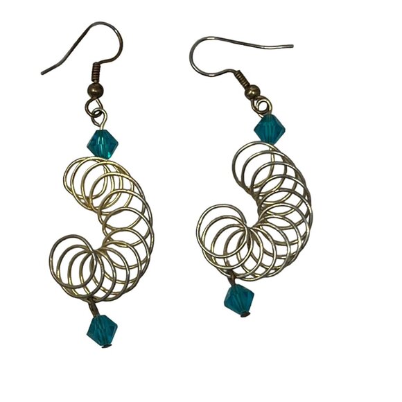 Handcrafted‎ Earrings Blue Beaded Crystal Pierced Spiral Loops Dangle Wire - Picture 5 of 8